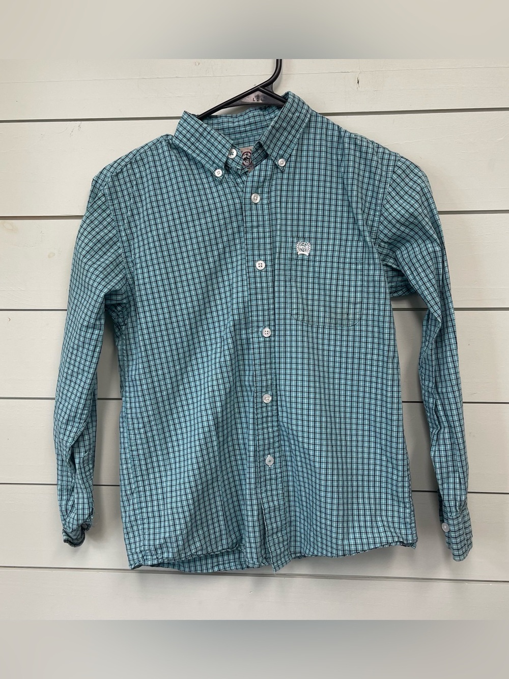 Cinch blue full button plaid shirt youth size 10